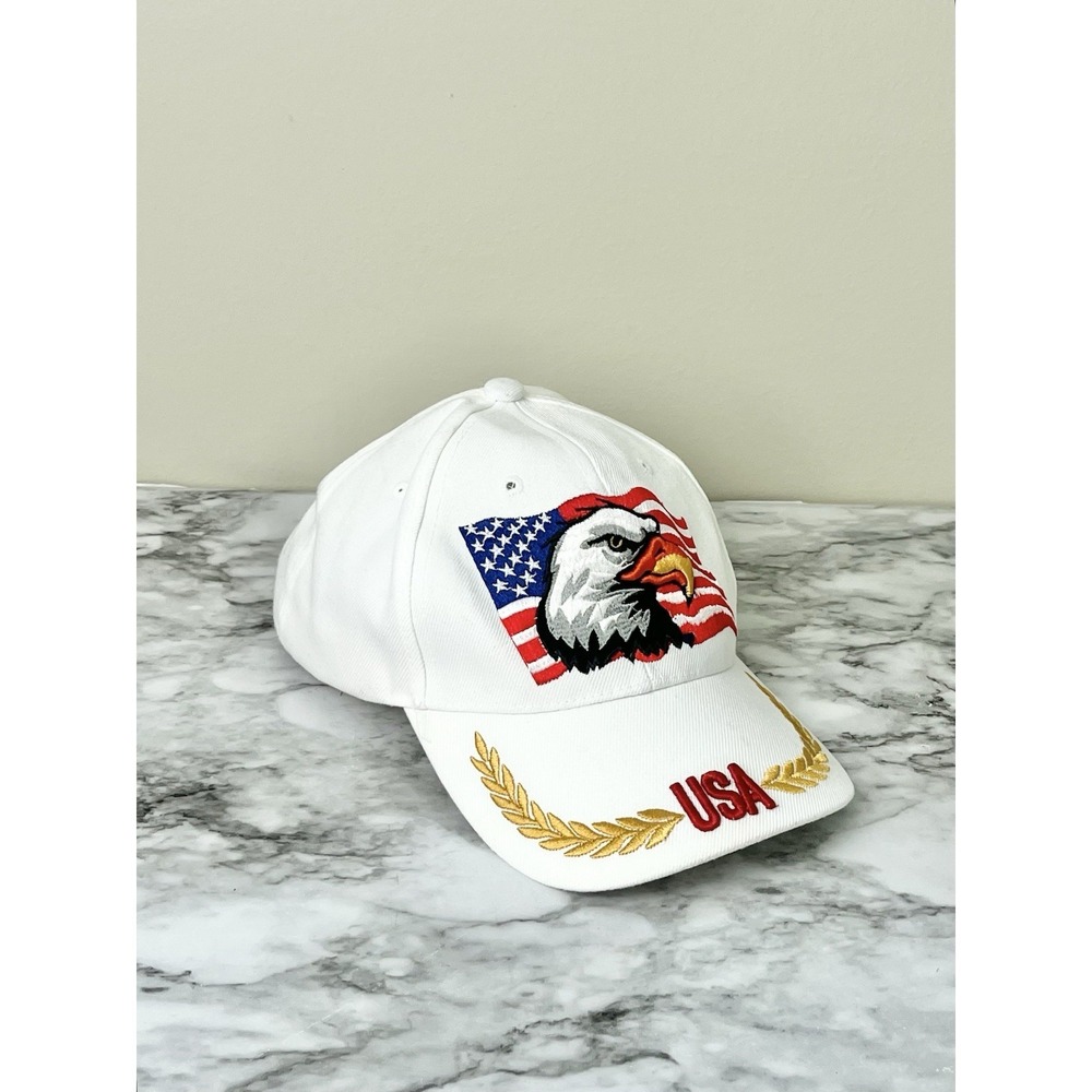 USA Patriotic Hat Eagle Flag‎ Stars Stripes American White Embroidered